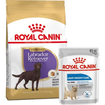 Krmivo pro psa ROYAL CANIN Labrador Retriever Sterilised 12 kg + LIGHT WEIGHT CARE Mousse 12× 85 g