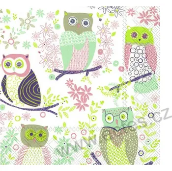 Papírový ubrousek IHR JOLLY OWLS zelené papírové dezertní ubrousky malované sovy sedící na větvi 20 ks