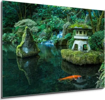 Obraz Weblux 1D obraz 100 x 70 cm A Lantern and Waterfall in the Portland Japanese Garden