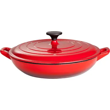 Pánev PWI Smaltovaný litinový hrnec 32 cm, plochý, s pokličkou, červeno-bílý PWI 4522