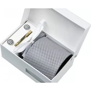Kravata Luxusní set světle šedý se vzorem - Kravata, kapesníček do saka, manžetové knoflíčky, kravatová spona v dárkovém balení