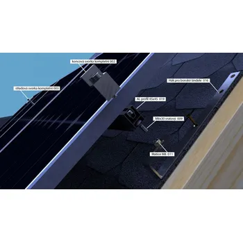 montážní sada pro solární panel Nosná konstrukce FV panelu – šikmá střecha – šindel Počet FV panelů: 4 panely, na výšku