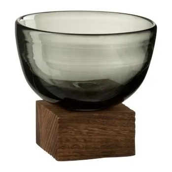 Váza Hnědá polokulatá váza / svícen na dřevěné podestě S - 12*12*11,7 cm