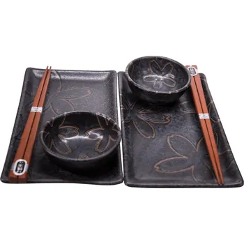 Talíř Made In Japan Sushi set MT černý se stylizovanými květinami - 4ks + hůlky