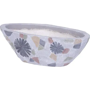 Květináč Dekorace , Květináč s mozaikou, šedý, široký, keramika, 40,5x19x14 cm