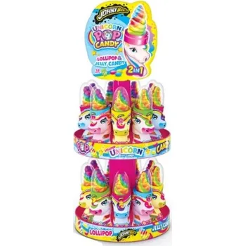 Bonbon Lízátko UNICORN POP 50 g - duhové lízátko & jelly beans (stojan 18 ks, 1 ks = 42,- Kč)) (Unicorn lízátko + želé fazolky)