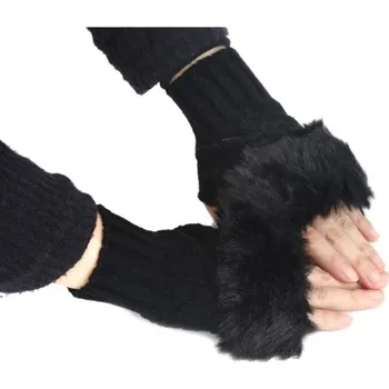 Rukavice Fashionstyle Bezprsté pletené rukavice s kožíškem - černé