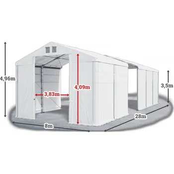 Zahradní stan Skladový stan 8x28x3,5m střecha PVC 560g/m2 boky PVC 500g/m2 konstrukce ZIMA PLUS Bílá Bílá Bílá