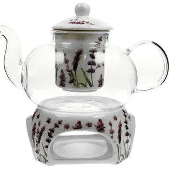 Filtrační konvice DUO Gifts DG - Skleněná konvice s ohřívačem na čajovou svíčku CLASSIC LAVENDER, Levandule v dárkové krabičce - 1000 ml