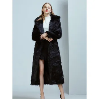 Dámský kabát Dlouhý kožich zimní kabát chlupatý Barva: Černá, Velikost: M