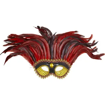 Karnevalový doplněk Škraboška červená s peřím