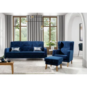 Obývací stěna Rozkládací sedací souprava Marino s čalouněnými zády z bukového dřeva, 3R+1+taburet