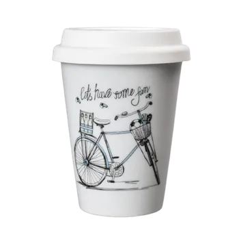 Termohrnek Porcelánový pohárek Coffee to Go s víčkem a páskou dekor pánské kolo - 310 ml