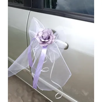 Svatební dekorace Mašlička dekorační bílá s LUX růžičkou - 2ks - fialová