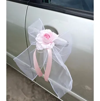 Svatební dekorace Mašlička dekorační bílá s LUX růžičkou - 2ks - růžová