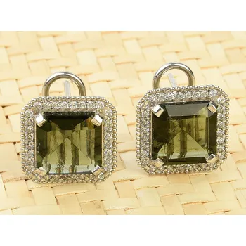 Náušnice Vltavín a zirkony náušnice čtverec standard brus Ag 925/1000 6,4g