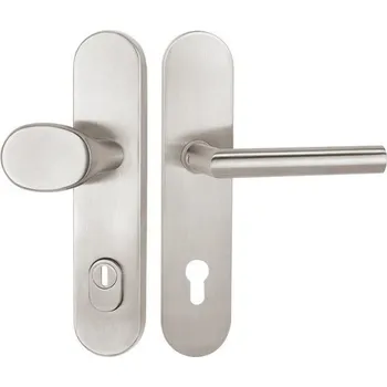 Dveřní kování Hermat Bezpečnostní klika kulatá s krytem COLUMBUS-VISION / Matná nerezová ocel 72 mm Klika + Klika levá /Vnitřní strana klika a vnější klika/ vložka cylindrická /KPZL/