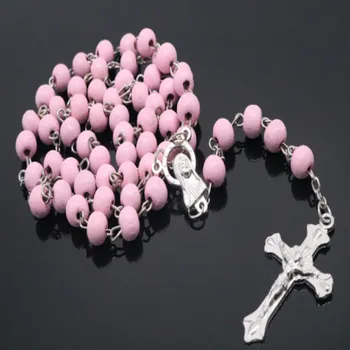 Náhrdelník Dřevěný růženec růžový