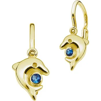 Náušnice SOLUNA Veselé zlaté dětské náušnice s tmavě modrými zirkony DELFÍNCI žluté zlato