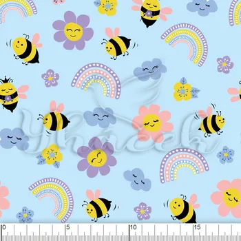 Zakázkový tisk, softshell, kočárkovina... Včelky s květinou na modré Látky k tisku: Softshell letní