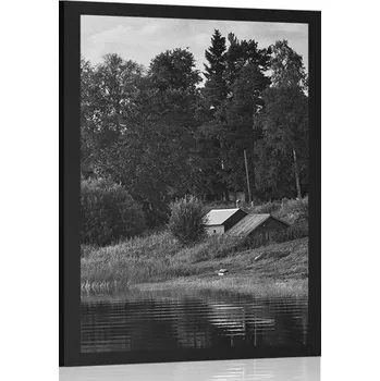 Plakát Dovido Plakát pohádkové domky u řeky v černo bílém provedení
