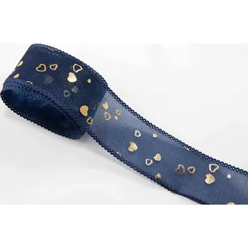 Stuha Šifónová dutinková stuha se srdíčky - tmavě modrá, zlatá - šíře 4 cm