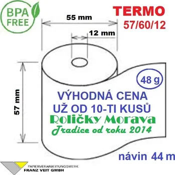 Papír Termo kotouček 57/60/12 BPA 44m (57mm x 44m) Množství: 10 ks kotoučků ve fólii