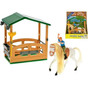 Figurka M.T. Kůň 14 cm s jezdcem se stájí a doplňky