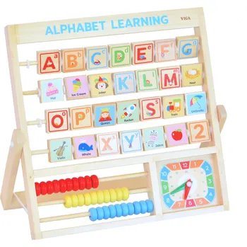 Dřevěná hračka Dřevěná hrací deska - Abeceda, obrázky, čísla, počítadlo, hodiny