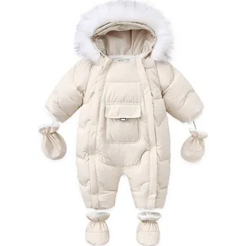 Kojenecká kombinéza Dětská jednobarevná kombinéza s kapucí s kožíškem, rukavičkami a návleky na nožičky Barva: béžová, s kapsičkou, Velikost: 18M