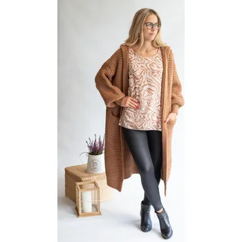 Dámský svetr Kardigan dlouhý úpletový s kapucí USee 9587 Itálie barva: hnědá-camel