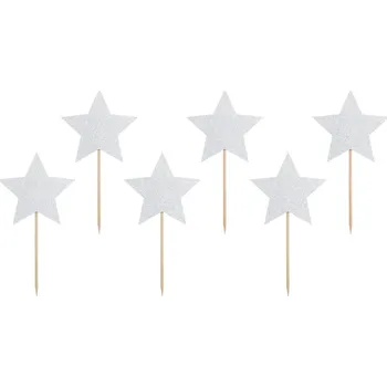 Party dekorace Zápichy do dortu a cupcake stříbrné hvězdy 11,5 cm, 6 ks