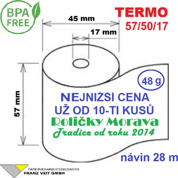 Kotouček do pokladny a tiskárny štítků Termo kotouček 57/50/17 BPA 28m (57mm x 28m) Množství: 1 ks kotoučku
