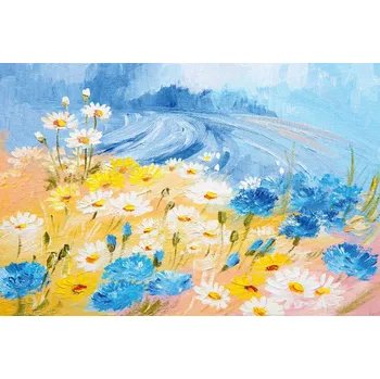 Fototapeta DIMEX | Vliesová fototapeta Mabla - Abstraktní ilustrace květin MS-5-1975 | 375 x 250 cm| modrá, bílá, žlutá + Vliesová fototapeta na stěnu DIMEX Mabla - Abstraktní ilustrace květin MS51975 v rozměru 375 x 250 cm + lepidlo zdarma