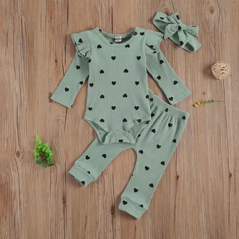 Kojenecký body 3 dílný dívčí kojenecký žebrovaný set - body, tepláky a čelenka se srdíčky Barva: zelená, Velikost: 90/12-18M