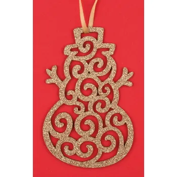 Vánoční dekorace Dřevěný sněhulák závěsný,zlatý glitr,10cm