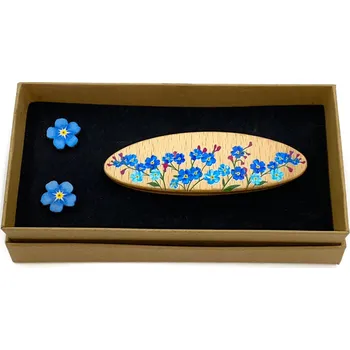 Náušnice art-wood.cz Dřevěná spona do vlasů + náušnice - pomněnky