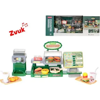 Dětská kuchyňka Fast food set 48cm na baterie s plničkou nápojů, pokladnou a zvuky s doplňky 35ks v krabič