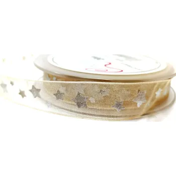 Stuha Stuha monofilová 15 mm béžová se stříbrnými hvězdami - 1 m
