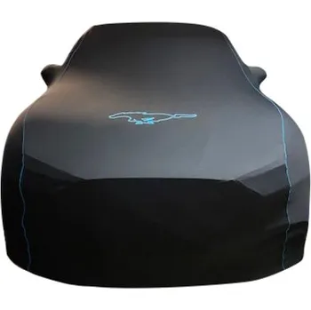 Plachta na motorové vozidlo Ochranná plachta Premium Černá s modrou linkou, modrým pony Mustang a modrým nápisem Mustang