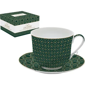 Easy Life CHARLESTON zelený velký porcelánový jumbo šálek a podšálek se zlatými ornamenty *ATMOSPHERE* 400ml