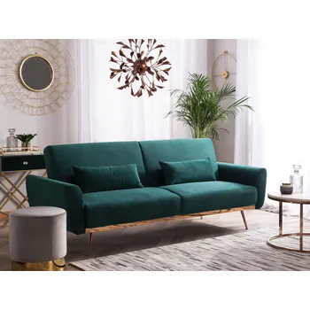 Pohovka pohovka Zelená sametová rozkládací , třímístná smaragdová obývací pokoj, měděné nohy retro Beliani