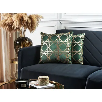 Bytový textil Sada 2 dekorativních polštářů tmavě zelený diamant geometrický vzor 45 x 45 cm fólie tisk glamour dekor příslušenství Beliani