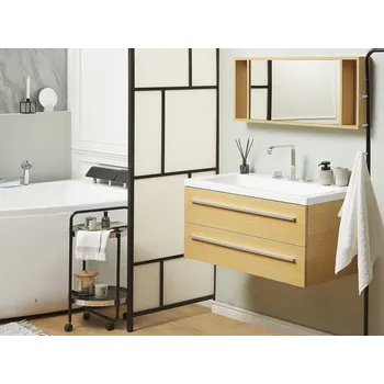 Koupelnový nábytek Sada nábytku do koupelny béžová MDF akryl 92 x 100 x 47 cm nástěnná skříňka 2 zásuvky umyvadlo zrcadlo moderní glamour styl koupelna Beliani