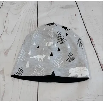 Kojenecká čepice Yháček Šmoulí čepička Yháček, oboustranná, Lesní zvěř na šedé Velikost:: XS