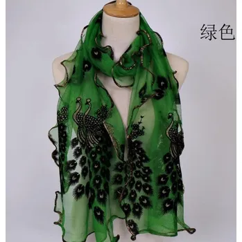 Šátek Fashionstyle Luxusní Šátek v Čínském stylu s krajkovým obšíváním - vzor Páva - černo zelený 190X40 cm