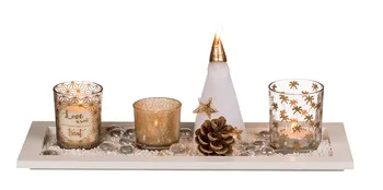 Vánoční svícen Vánoční sada svíček na bílém dřevěném tácu 36 x 14 cm