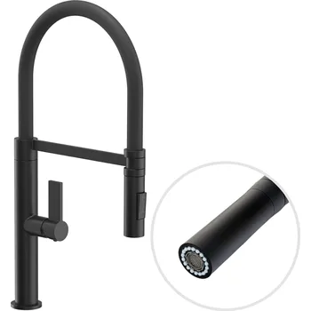 Vodovodní baterie Gamma Mega, vysoká kuchyňská baterie s elastickým ramenem a sprškou, černá matná, GMA-BFL-BK