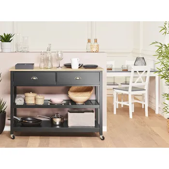 Servírovací stolek Kuchyňský vozík Černá Světlé Dřevo Top 2 Police 2 Šuplíky Kolečka Skandinávská Moderní Beliani