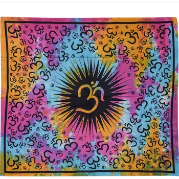 Přehoz na lůžko SANU BABU Přehoz na postel, ÓM, černý tisk, barevná batika, 200x220cm